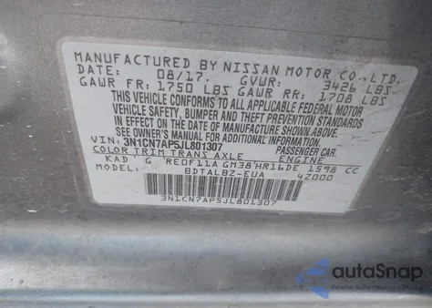 2018 Nissan Versa 1.6 Sv z USA, uszkodzony, nr VIN 3N1CN7AP5JL801307